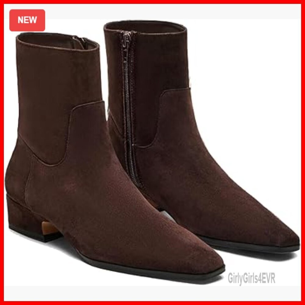 Low Heel Ankle Boots Square Toe Chunky Heel Side Zipper Dressy Fall Booties